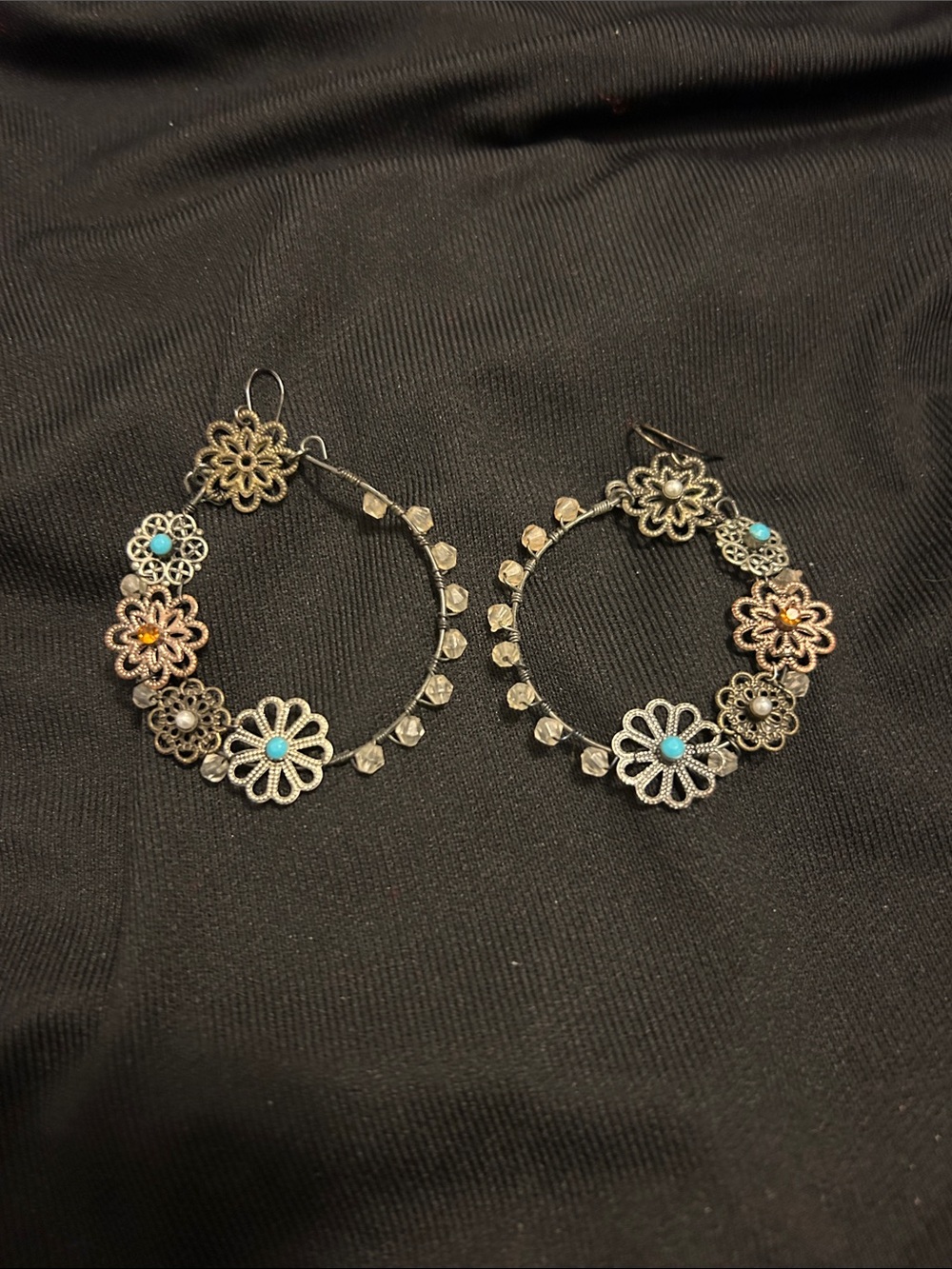 Floral Hoop Earrings with Turquoise Accents
